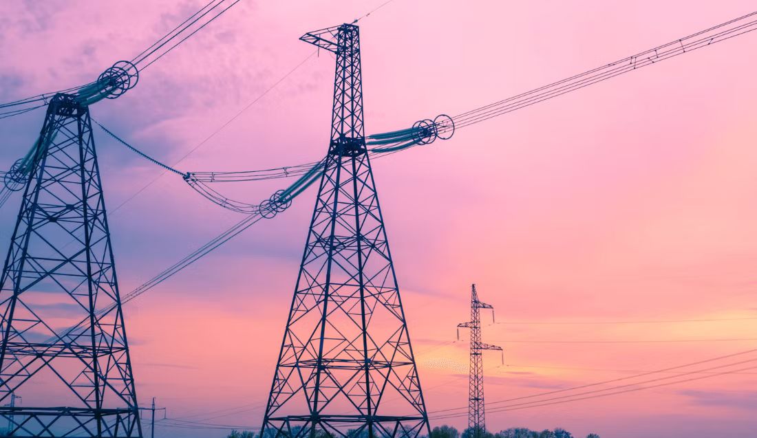 Transmission pylons at dusk